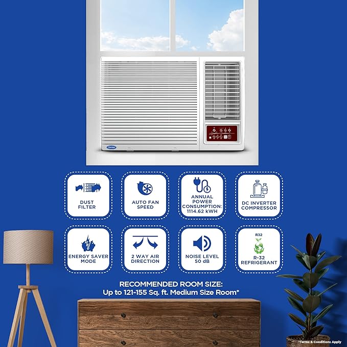 Carrier 1.5 Ton 5 Star Inverter Window AC Copper | High Density Filter for Dust Filtration | 2Way Air Directional Control | 2023 Model | Estra Dxi -CIW18SC5R32F0 | White