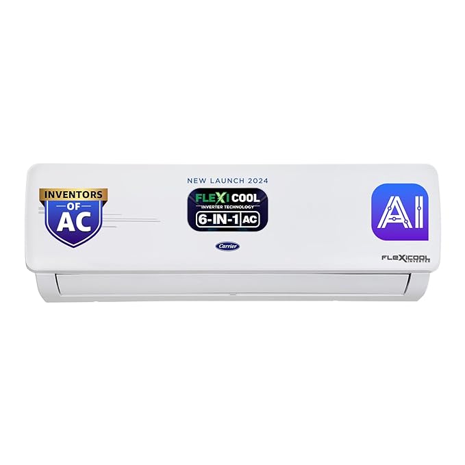 Carrier 1 Ton 3 Star AI Flexicool Inverter Split AC Copper | Convertible 6-in-1 Cooling | Dual Filtration with HD &PM 2.5 Filter | Auto Cleanser | 2024 Model | ESTER NEO+ Exi | CAI12ER3R34F0 | White