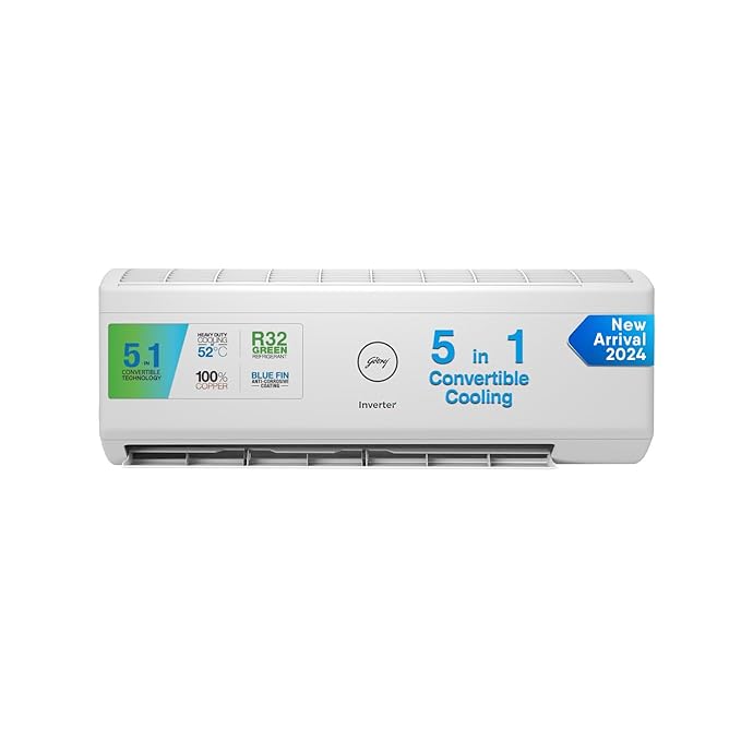 Godrej 1 Ton 5 Star | 5-in-1 Convertible Cooling | Inverter Split AC 2024 Model | Copper | Heavy-Duty Cooling at 52 Deg Celcius | AC 1T EI 12IINV5R32-WWR | White