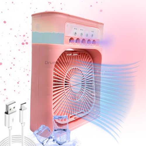 Drumstone Portable Air Conditioner Cooler | Mini Evaporative Cooler with 7 Colors LED Light | 3 Wind Speeds and 3 Spray Modes for Your Desk | 10 W | Pink