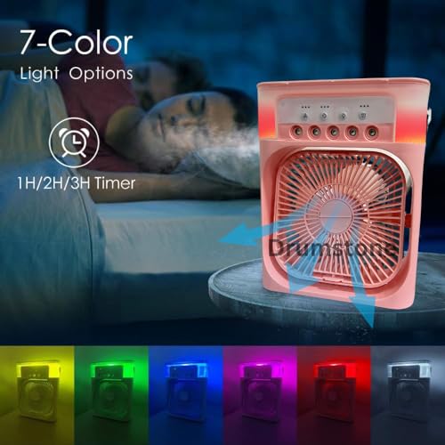 Drumstone Portable Air Conditioner Cooler | Mini Evaporative Cooler with 7 Colors LED Light | 3 Wind Speeds and 3 Spray Modes for Your Desk | 10 W | Pink