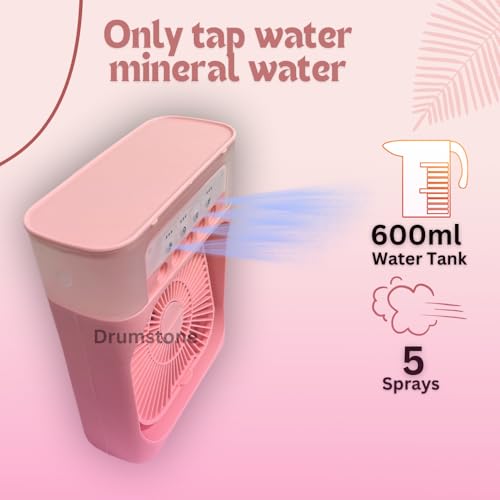 Drumstone Portable Air Conditioner Cooler | Mini Evaporative Cooler with 7 Colors LED Light | 3 Wind Speeds and 3 Spray Modes for Your Desk | 10 W | Pink