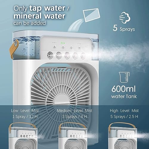 One94Store Portable Humidifier Air Cooler Mist Fan Mini Cooler for Home with 3 Speed Mode with Water Spray | 7 Color LED and Timer | Black