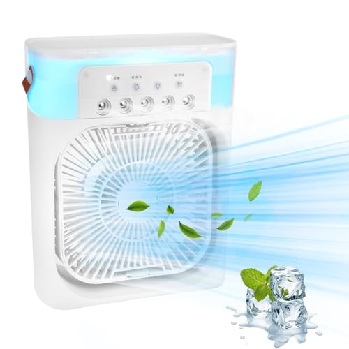 Ourleeme Portable Air Conditioner | Mini Evaporative Air Cooler Desk Air Conditioner Fan with 3 Wind Speeds | 3 Spray Modes | 7 Color Light | Air Cooling Fan | White
