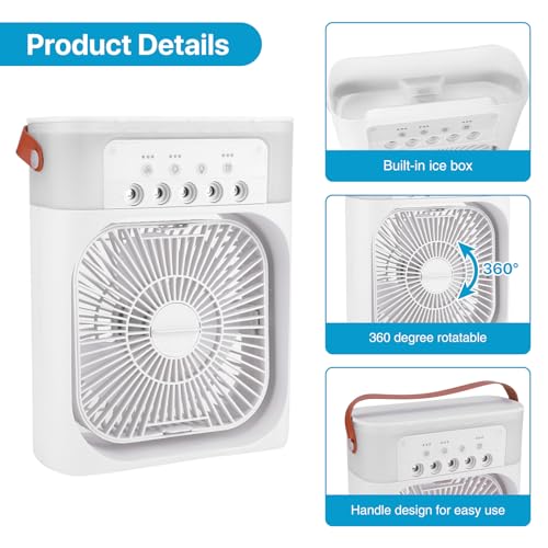 Ourleeme Portable Air Conditioner | Mini Evaporative Air Cooler Desk Air Conditioner Fan with 3 Wind Speeds | 3 Spray Modes | 7 Color Light | Air Cooling Fan | White