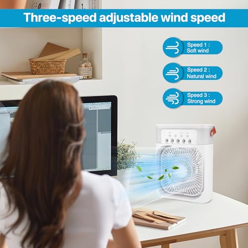 Ourleeme Portable Air Conditioner | Mini Evaporative Air Cooler Desk Air Conditioner Fan with 3 Wind Speeds | 3 Spray Modes | 7 Color Light | Air Cooling Fan | White
