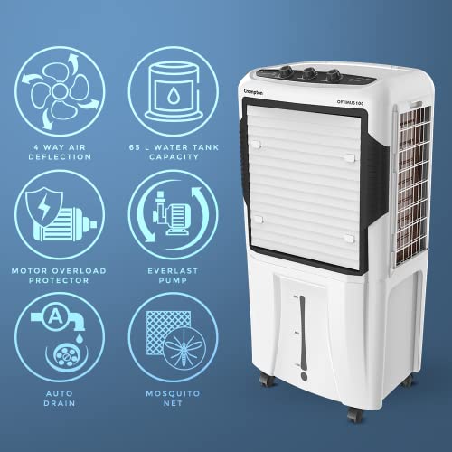 Crompton Optimus 100 Litre Inverter Compatible and Portable Desert Air Cooler with Wide Angle Air Throw, White