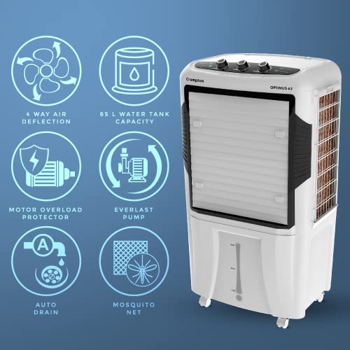 Crompton Optimus 65 Litre Inverter Compatible and Portable Desert Air Cooler with Wide Angle Air Throw, White