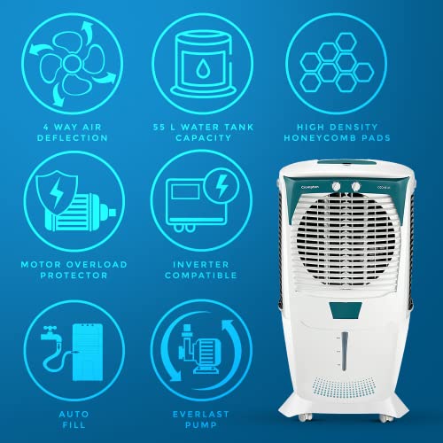 Crompton Ozone Desert Air Cooler 55L, with Everlast Pump, White and Teal