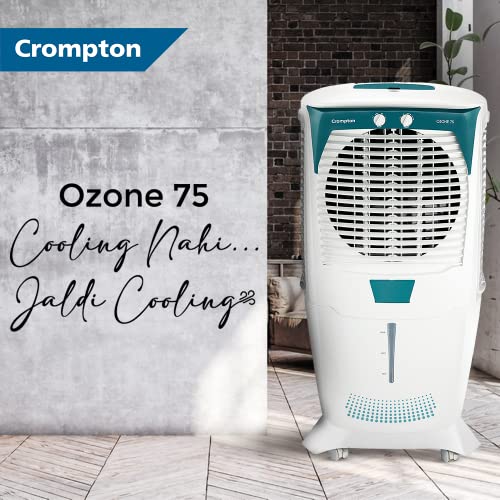 Crompton Ozone Desert Air Cooler 75L, with Everlast Pump, White and Teal