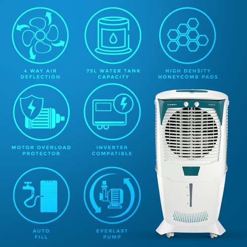 Crompton Ozone Desert Air Cooler 75L, with Everlast Pump, White and Teal