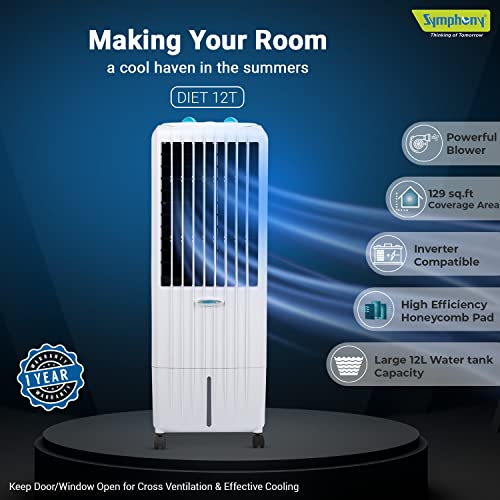 Symphony Diet 12T Personal Tower Air Cooler for Home, 12L, White