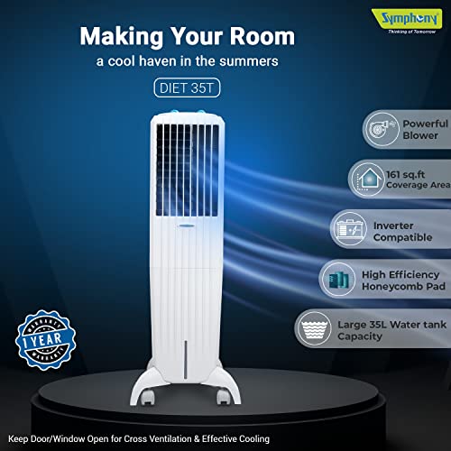 Symphony Diet 35T Personal Tower Air Cooler for Home, 35L, White
