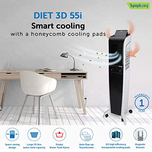 Symphony Diet 3D 55i+ Portable Tower Air Cooler For Home with 3-Side Honeycomb Pads