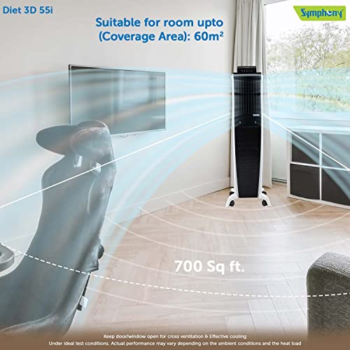 Symphony Diet 3D 55i+ Portable Tower Air Cooler For Home with 3-Side Honeycomb Pads
