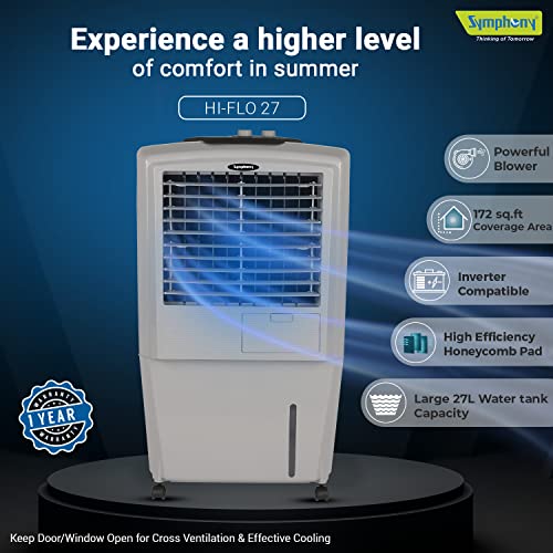 Symphony HiFlo 27 Personal Air Cooler For Home with Powerful Blower, Honeycomb Pad, 27L, Gray