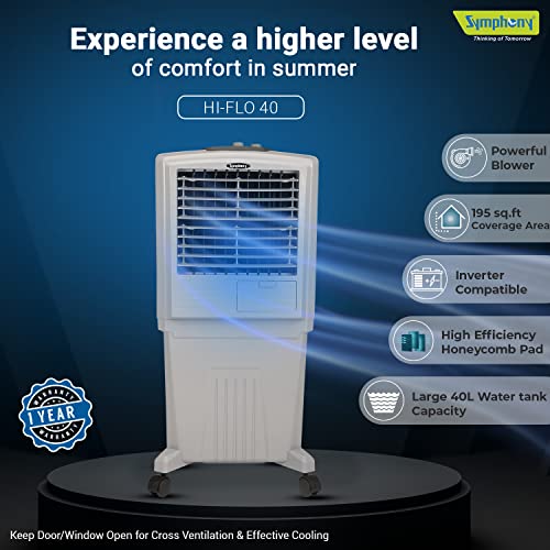 Symphony HiFlo 40 Personal Air Cooler For Home with Powerful Blower, Honeycomb Pads, 40L, White