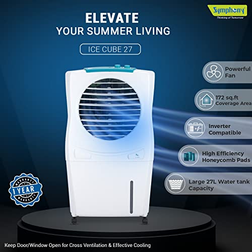Symphony Ice Cube 27 Personal Air Cooler For Home with Powerful Fan, 27L, White