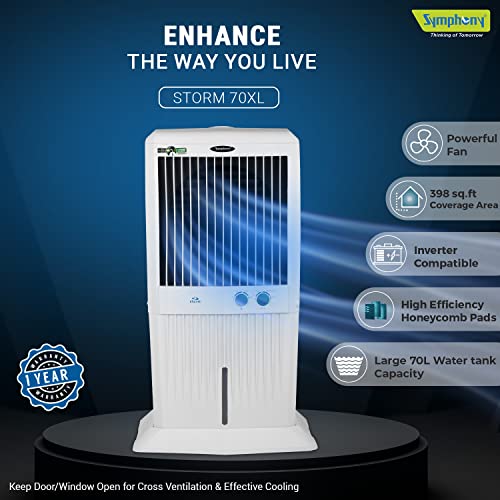 Symphony Storm 70 XL Desert Air Cooler for Home with Honeycomb Pads, 70L, White