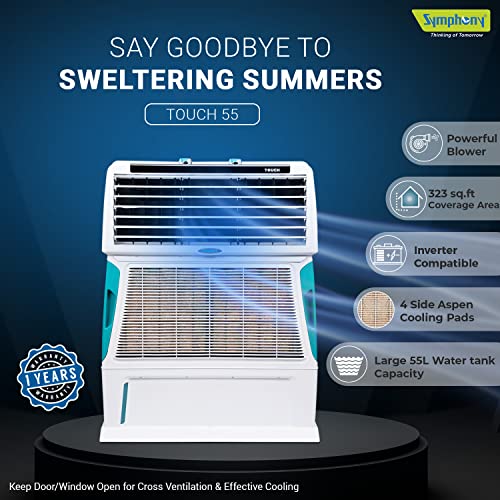 Symphony Touch 55 Personal Air Cooler For Home with 4-Side Aspen Pads, 55L, White