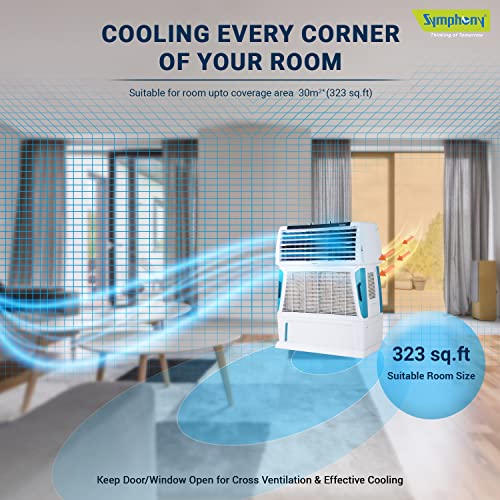Symphony Touch 55 Personal Air Cooler For Home with 4-Side Aspen Pads, 55L, White
