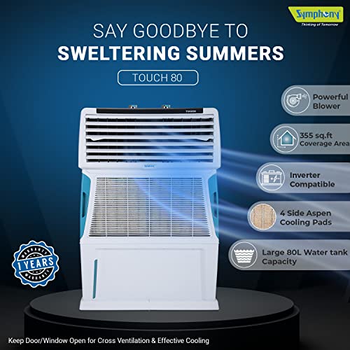 Symphony Touch 80 Personal Air Cooler For Home with 4-Side Aspen Pads, 80L, White