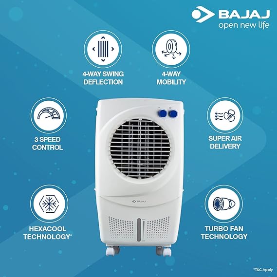 Bajaj 36L Personal Air Cooler PMH 36 Torque Anti-Bacterial Technology | Honeycomb Cooling Pads | White