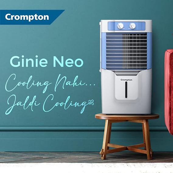 Crompton Ginie Neo Table-Top Personal Air Cooler- 10L; with 4-Way Air Deflection and High Density Honeycomb pads | White &Blue