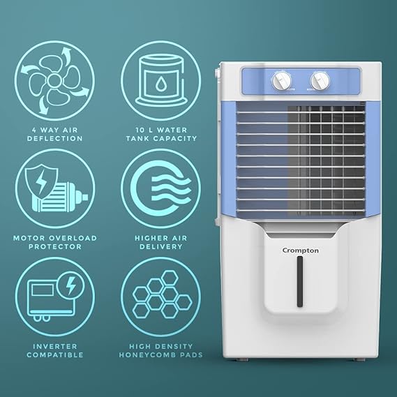 Crompton Ginie Neo Table-Top Personal Air Cooler- 10L; with 4-Way Air Deflection and High Density Honeycomb pads | White &Blue