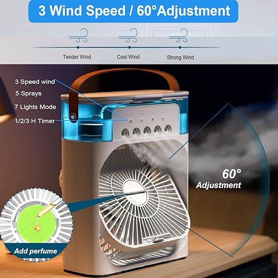 One94Store Portable Humidifier Air Cooler Mist Fan Mini Cooler for Home with 3 Speed Mode with Water Spray | White