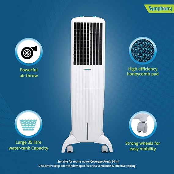 Symphony Diet 35T Tower Air Cooler with Honeycomb Pad | Cool Flow Dispenser - 35L | White