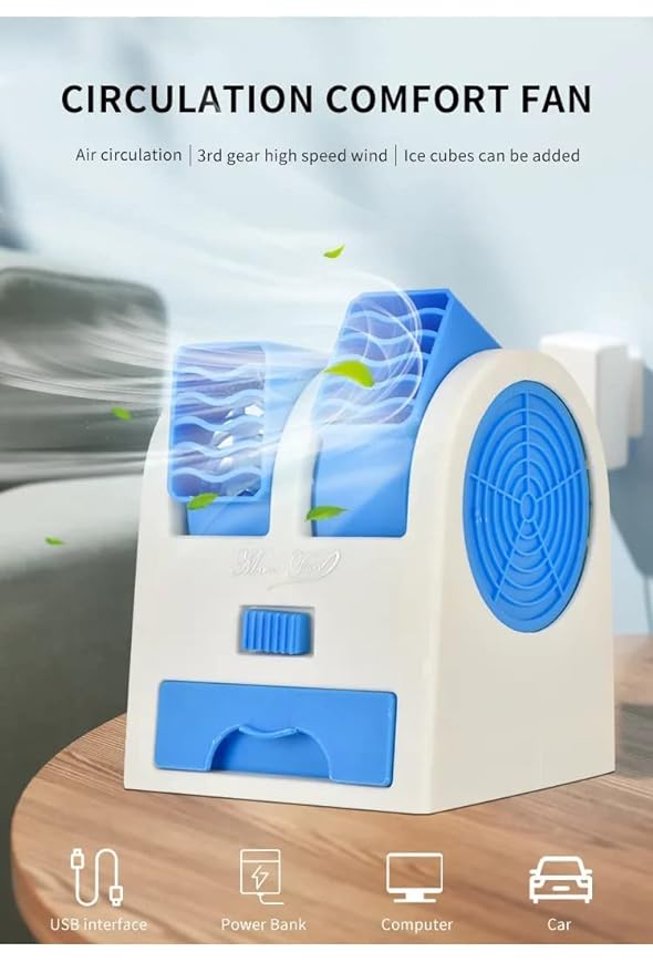 CHARKEE Mini Cooler AC USB and Battery Operated Air Mini Water Air Cooler Cooling Fan Duel Blower TAR-S2 | Multicolor