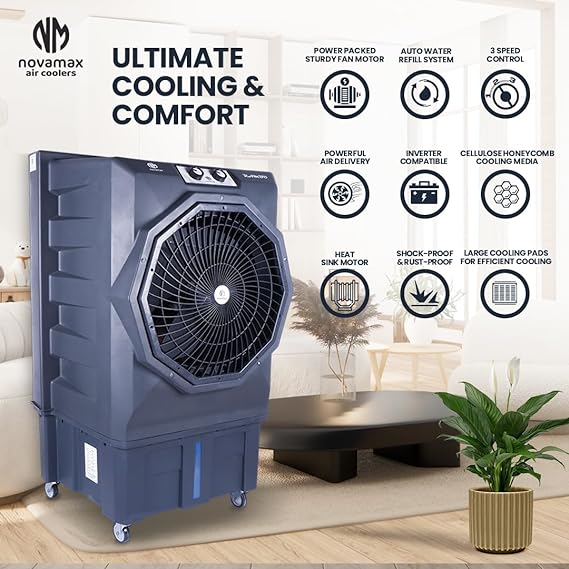 Novamax Rambo 100 L Heavy Duty Desert Air Cooler With 100% Copper Motor | High-Density Honeycomb Cooling Pads | 3-Speed Control | Grey
