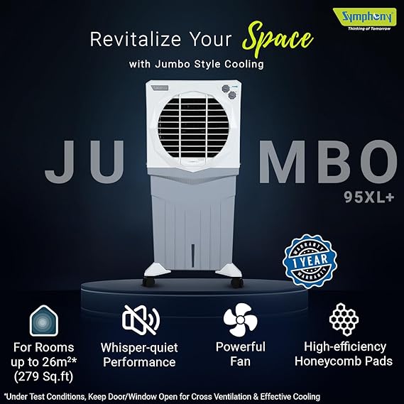 Symphony Jumbo 95XL+ Desert Air Cooler for Home with Honeycomb Pads | Powerful Fan | and Cool Flow Dispenser 95L | White