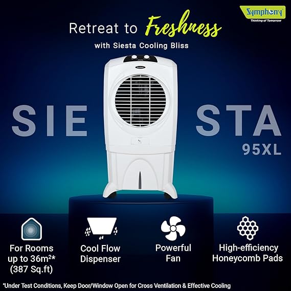 Symphony Siesta 95 XL Air Cooler For Home with Honeycomb Pads | Powerful Fan | and Cool Flow Dispenser 95L | White