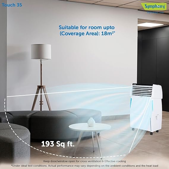 Symphony Touch 35 Personal Air Cooler For Home with Honeycomb Pads | Powerful Blower | i-Pure Technology and Cool Flow Dispenser 35L | White