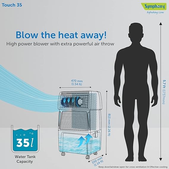 Symphony Touch 35 Personal Air Cooler For Home with Honeycomb Pads | Powerful Blower | i-Pure Technology and Cool Flow Dispenser 35L | White
