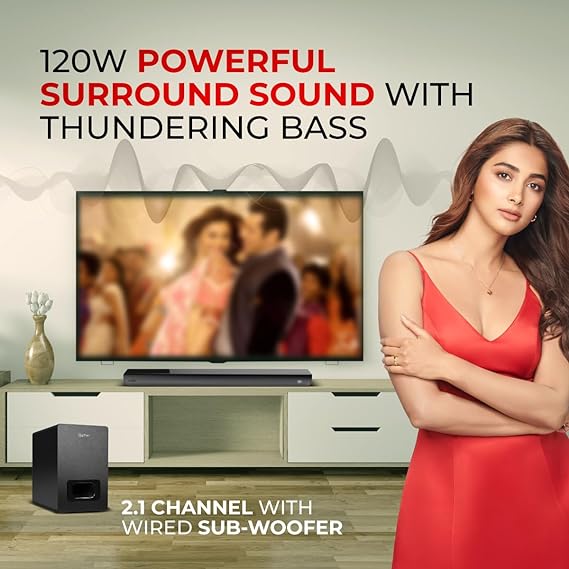pTron Newly Launched Jazz Pro 120W Soundbar with Wired Subwoofer for TV | 2.1 CH