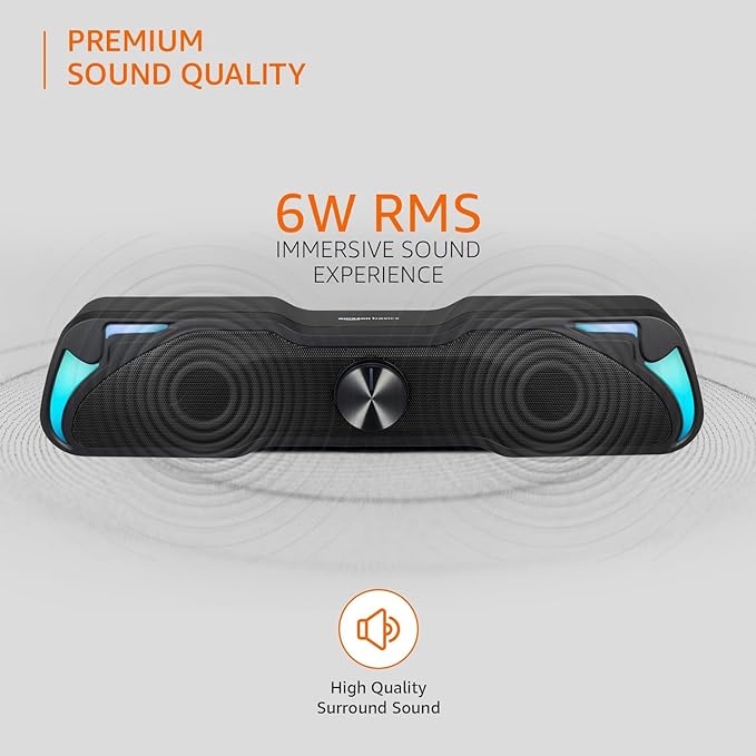Amazon Basics 6W Multimedia PC Gaming Soundbar with Aux Connectivity | USB Support | Volume Control | and RGB Lights