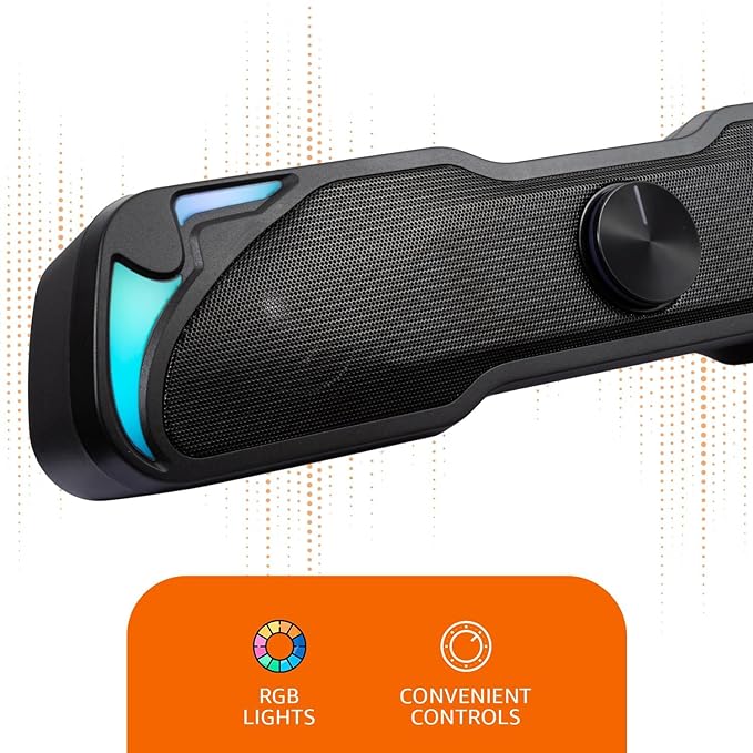 Amazon Basics 6W Multimedia PC Gaming Soundbar with Aux Connectivity | USB Support | Volume Control | and RGB Lights