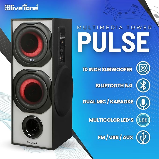 LIVETONE Pulse Tower Speaker with 110W RMS | 10" subwoofer | Dual mic for Karaoke | 3 Way Design with 4" Tweeter &4" Speaker | Remotetooth v5.0 | AUX | USB | Micro SD