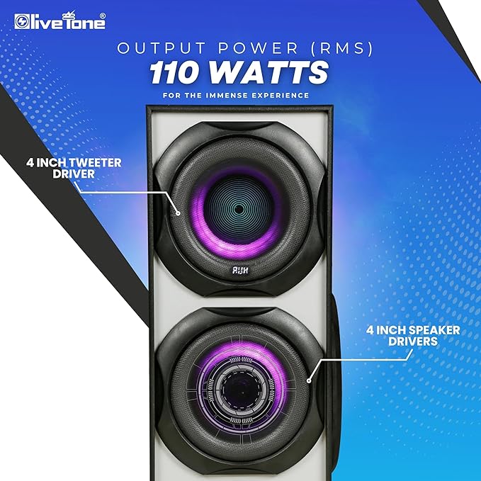 LIVETONE Pulse Tower Speaker with 110W RMS | 10" subwoofer | Dual mic for Karaoke | 3 Way Design with 4" Tweeter &4" Speaker | Remotetooth v5.0 | AUX | USB | Micro SD