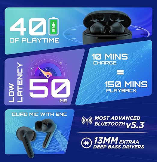 Fastrack Fpods(New Launch) FX100 Bluetooth TWS In-Ear Earbuds with 40 Hrs Playtime BT V5.3 13mm Extra Deep Bass Drivers