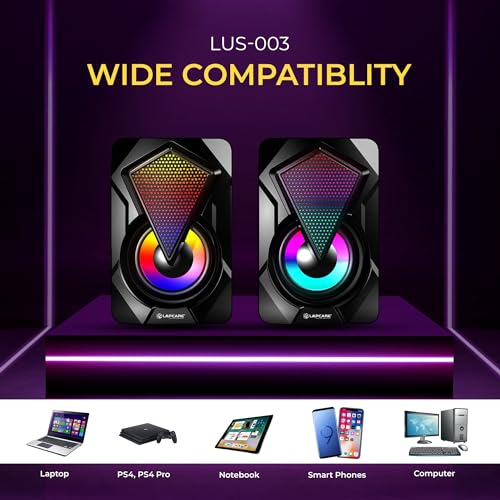 Lapcare USB2.0 Gaming Speaker 10 watts 2.0 Multimedia Speaker with 7 Cool RGB Lights | USB Powered | AUX Input | Volume Control Pod for PC | Laptops | Desktop