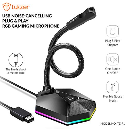 Tukzer RGB Streaming USB Gaming Microphone with Flexible Arm | Omnidirectional Condenser | Noise Cancelling | On Off Button | Plug &Play Desktop Laptop Mic