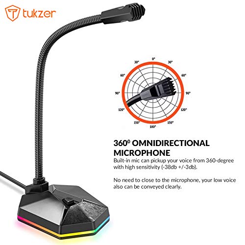 Tukzer RGB Streaming USB Gaming Microphone with Flexible Arm | Omnidirectional Condenser | Noise Cancelling | On Off Button | Plug &Play Desktop Laptop Mic