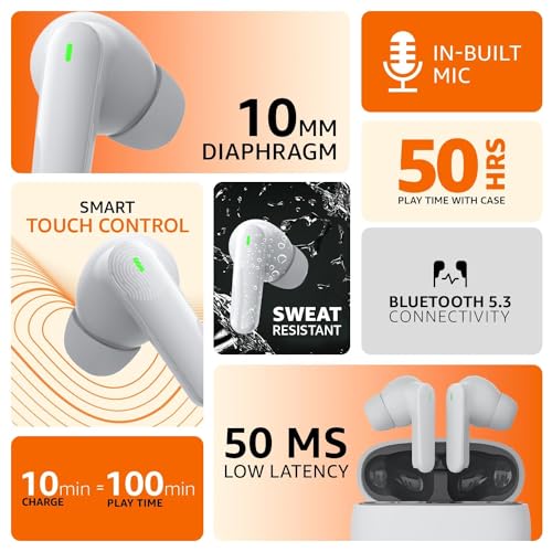 amazon basics True Wireless in-Ear Earbuds with Mic | Low-Latency Gaming Mode | Touch Control | IPX5 Water-Resistancetooth 5.3 | Up to 60 Hours Play Time
