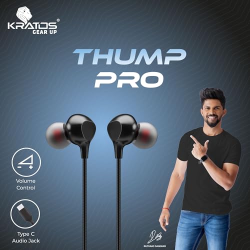 Kratos Thump-Pro Type C Earphone with 13 mm Driver | Tangle Free 1.2 Mtr Nylon Braided Wire | in-Line Volume Controller | Ultra Light C Type Earphones