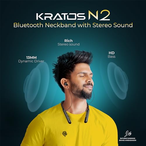 Kratos Vibez N2 Bluetooth Earphones for Musical Experience | 10 plus Hours Playtime | HD Calls | Fast Pairing | Smart Voice Assistant | Type C Fast Charging | BT V 5.2 Neckband Earphones with Magnetic Earbuds
