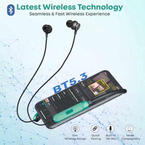 pTron InTunes Classic Bluetooth 5.2 Wireless in-Ear Headphones with Mic | 24H Playback | 13mm Driver | Fast Charging Type-C Neckband | Dual Pairing | Voice Assist &IPX4 Water Resistant | Jet Black &Green